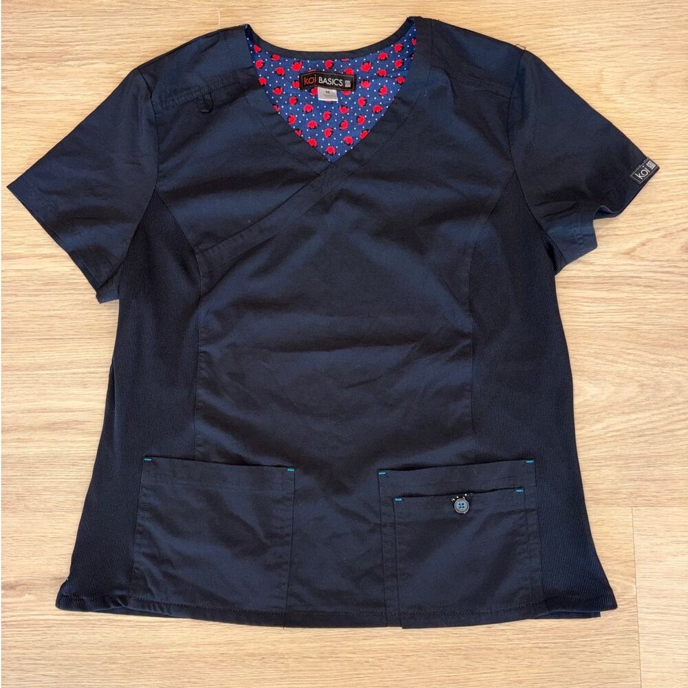 Koi Basics black scrub top front button pockets style #374 womens size Medium